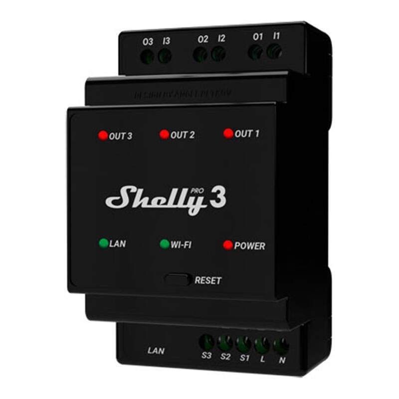 DIN Rail Smart Switch Pro 3 with dry contacts, 3 channels Shelly