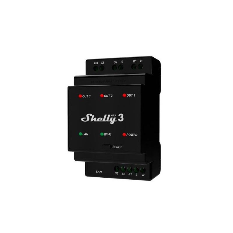 Shelly PRO 3 WiFi + Ethernet 3 grupu viedais releja slēdzis ar DIN sliedes atbalstu
