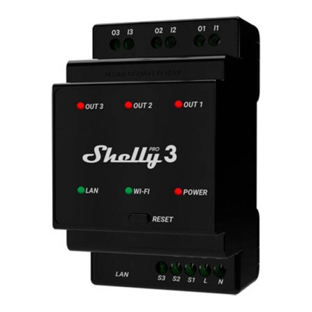 DIN Rail Smart Switch Pro 3 ar sausiem kontaktiem, 3 kanāli Shelly