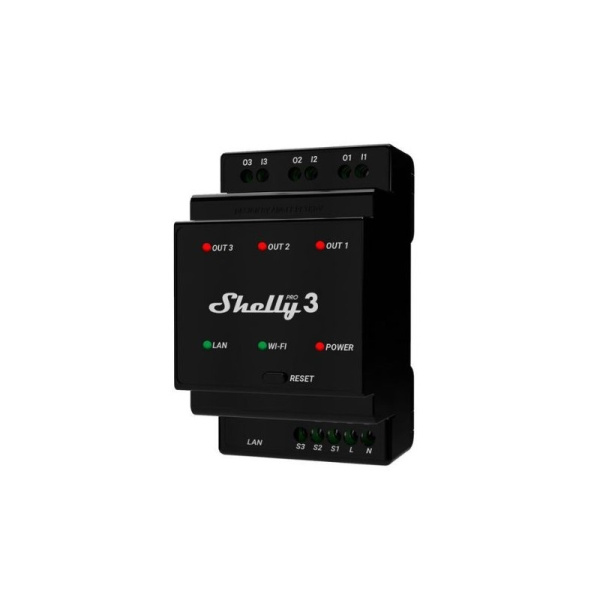 Shelly PRO 3 WiFi + Ethernet 3 grupu viedais releja slēdzis ar DIN sliedes atbalstu