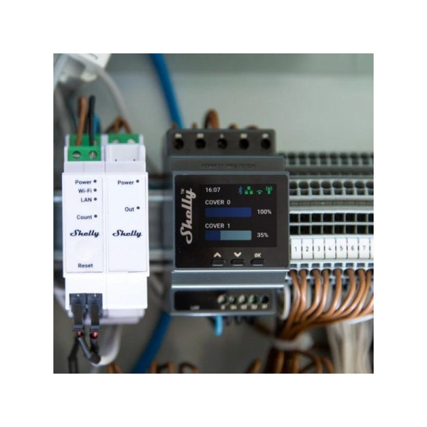 Shelly PRO 4PM Dual Cover WiFi + Ethernet + Bluetooth - 4 grupu relejs ar jaudas mērītāju 2 rullīšu