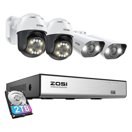 IP kamera ZOSI 2 gab C296 WiFi 5MP & 2 gab C182 WiFi 8MP + NVR 8ch + 2TB HDD