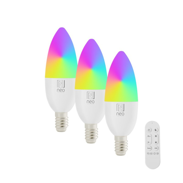 Smart 3x LED spuldze E14 6W RGB + CCT krāsa un balta, regulējama, WiFi, C37, Bāka, tālvadības pults